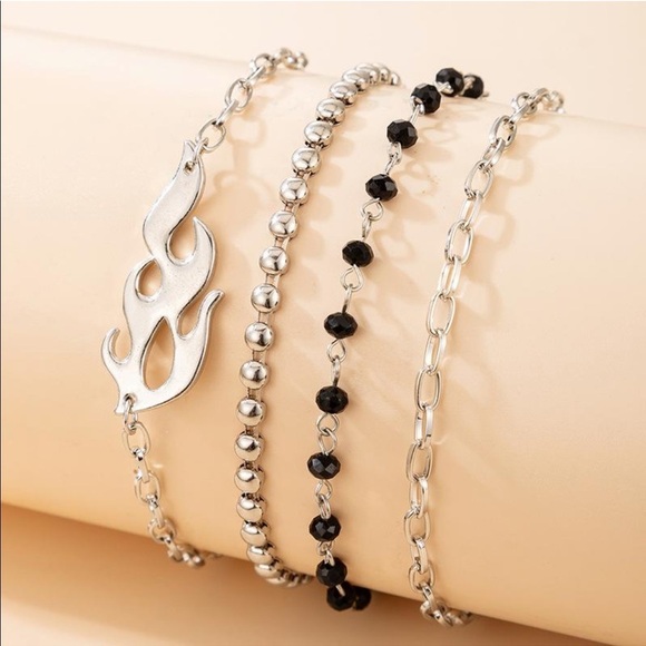 Layered Silver Flame Black Beaded Bracelet Set - Picture 2 of 5